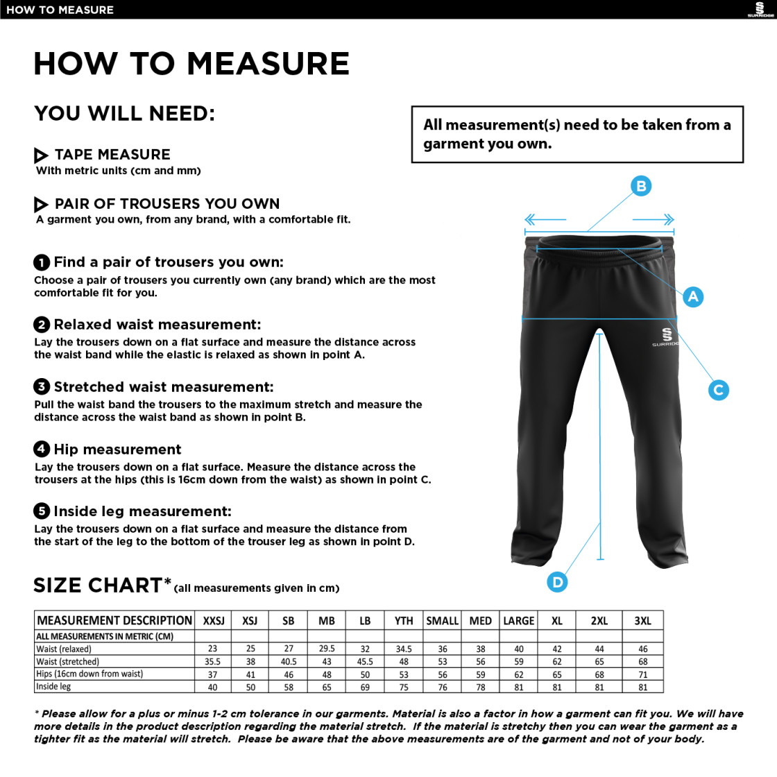 Haslingden High School - Classic Tracksuit Pant with Thigh Length Zip - Size Guide