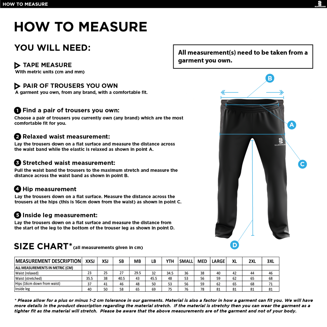 HASLINGDEN HIGH SCHOOL CLASSIC TRACKSUIT PANT WITH THIGH LENGTH ZIP - Size Guide