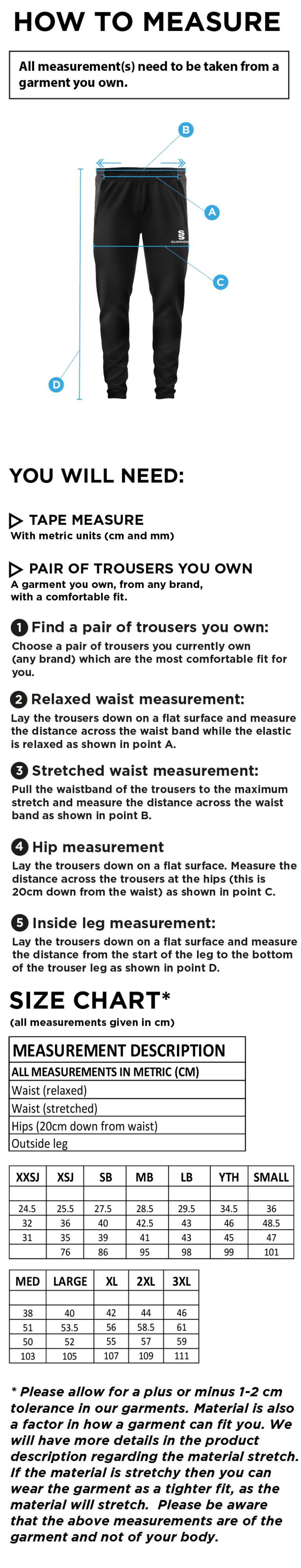 Haslingden High School - Tek Pants - Size Guide