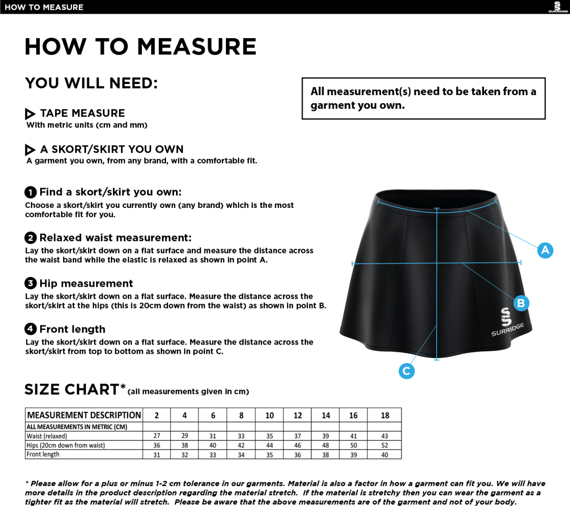 Haslingden High School - Skort - Navy - Size Guide