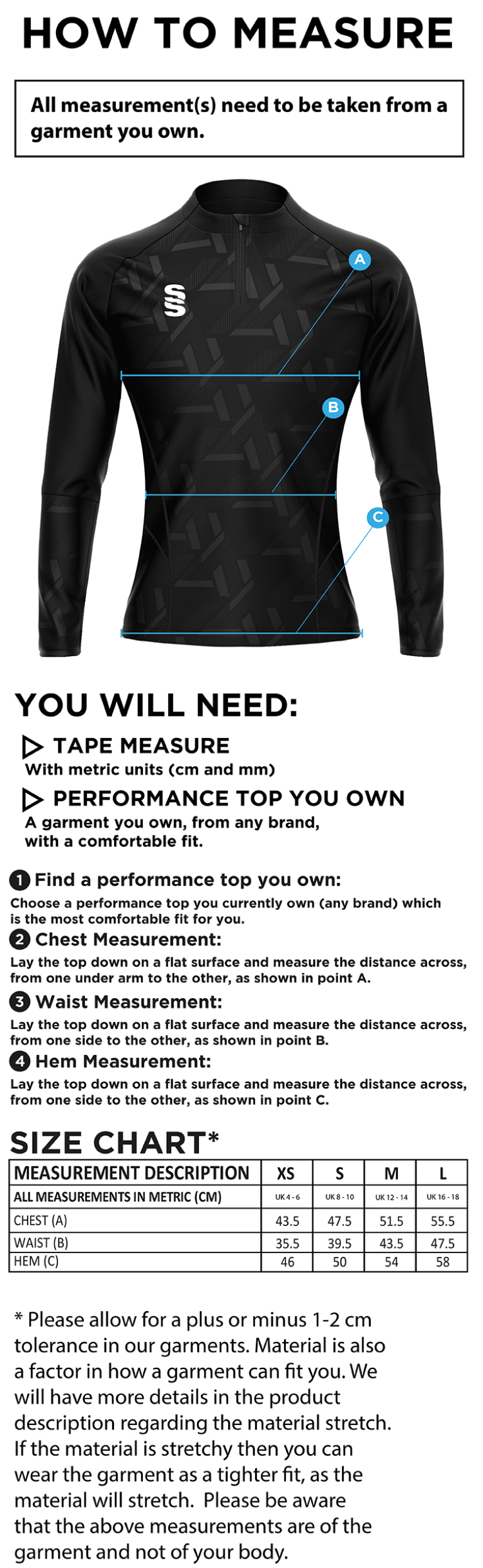 Haslingden GCSE PE - Impact 1/4 Zip Performance Top - Girls Fit - Size Guide