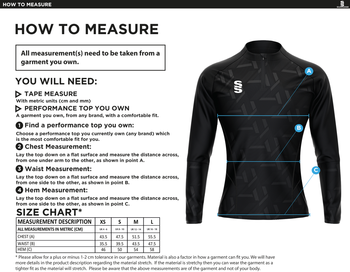 Haslingden GCSE PE - Impact 1/4 Zip Performance Top - Girls Fit - Size Guide
